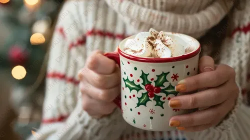 كوب شاي ساخن مزين بالكريمة في يد امرأة ترتدي سترة دافئة خلال أجواء عيد الميلاد