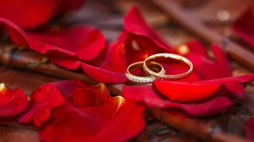 خواتم زفاف ذهبية على بتلات الورد الأحمر الرومانسية