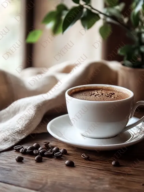 فنجان قهوة دافئ مع حبوب القهوة على طاولة خشبية