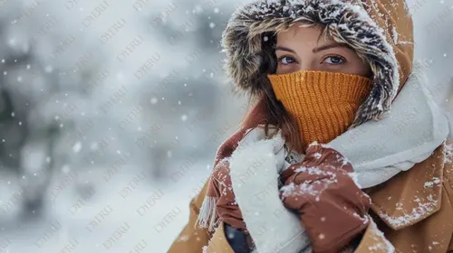 امرأة شابة ترتدي معطف شتوي دافئ في يوم ثلجي مع تساقط الثلوج