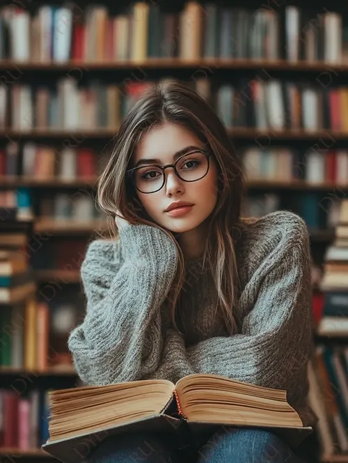 فتاة شابة ترتدي نظارات وتقرأ كتابًا في مكتبة دافئة ومريحة
