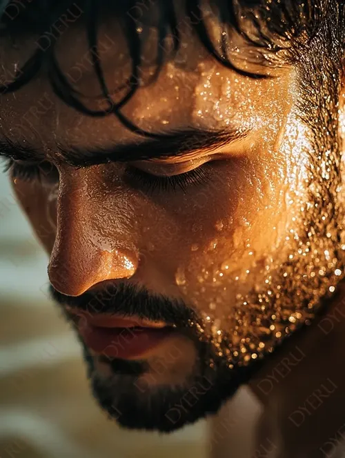 رجل شاب ذو لحية، مغمض العينين، يتعرض لأشعة الشمس مع قطرات العرق تتلألأ على وجهه