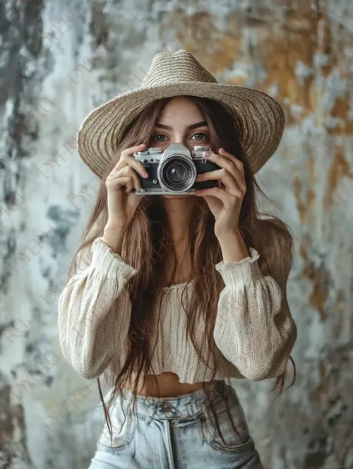 فتاة شابة ترتدي قبعة واسعة وتلتقط صورة بكاميرا في بيئة فنية مميزة