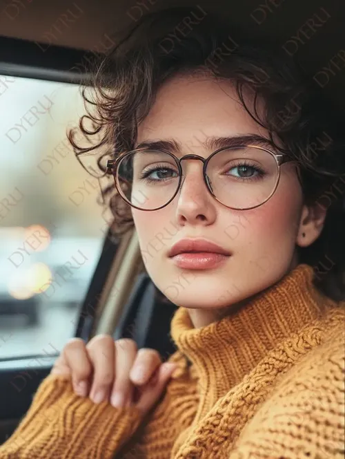 فتاة شابة ذات شعر مجعد ترتدي نظارات، في سيارة، مع سترة دافئة بلون الخردل