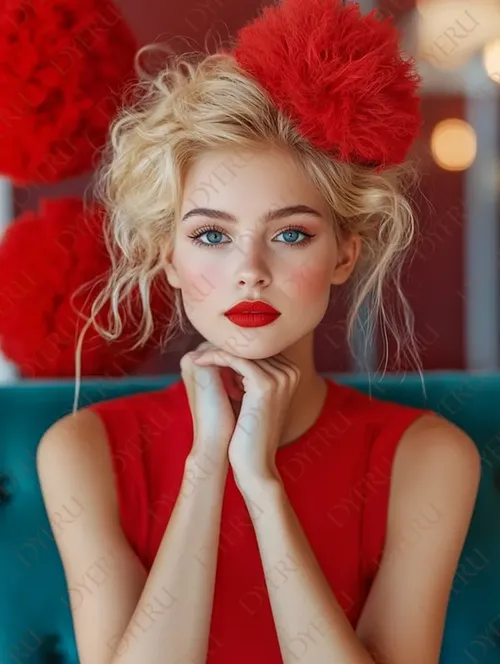 فتاة شابة ذات شعر أشقر ومكياج جريء مع إكسسوار أحمر زاهي