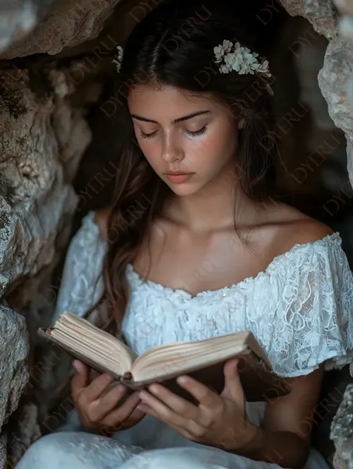 فتاة شابة جميلة تقرأ كتابًا في كهف طبيعي مع إضاءة دافئة