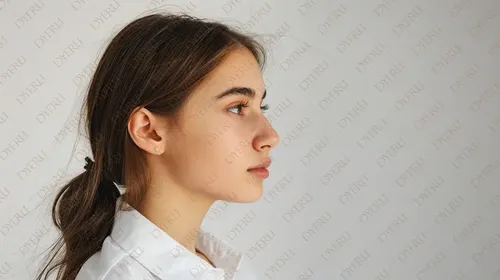 فتاة شابة ذات ملامح ناعمة في صورة جانبية مع تسريحة شعر بسيطة وخلفية بيضاء