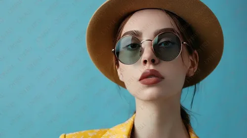 امرأة شابة أنيقة ترتدي نظارات شمسية وقبعة عصرية أمام خلفية زرقاء