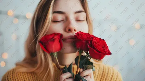 امرأة شابة مبتسمة تحتضن ورود حمراء في أجواء رومانسية دافئة