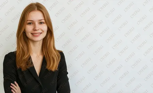 امرأة شابة مبتسمة ذات شعر بني طويل ترتدي بدلة سوداء في بيئة عمل حديثة