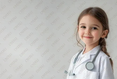 طفلة مبتسمة ترتدي زي طبيب مع سماعة طبية
