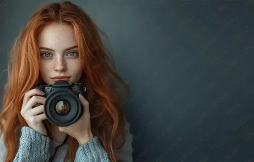 فتاة شابة ذات شعر أحمر تلتقط صورة بكاميرا احترافية