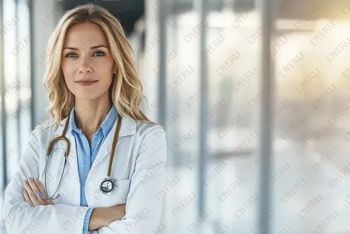 طبيبة شابة مبتسمة ترتدي معطفًا أبيض وتستعد لتقديم الرعاية الصحية