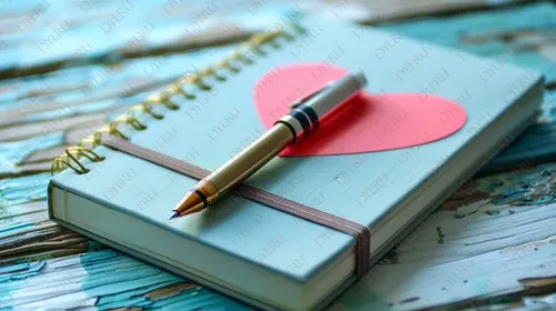 دفتر ملاحظات مزين بقلب ورقي وقلم أنيق على خلفية ملونة