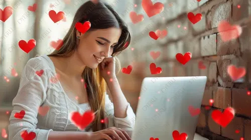 امرأة شابة مبتسمة تعمل على الكمبيوتر مع قلوب حمراء تتطاير حولها