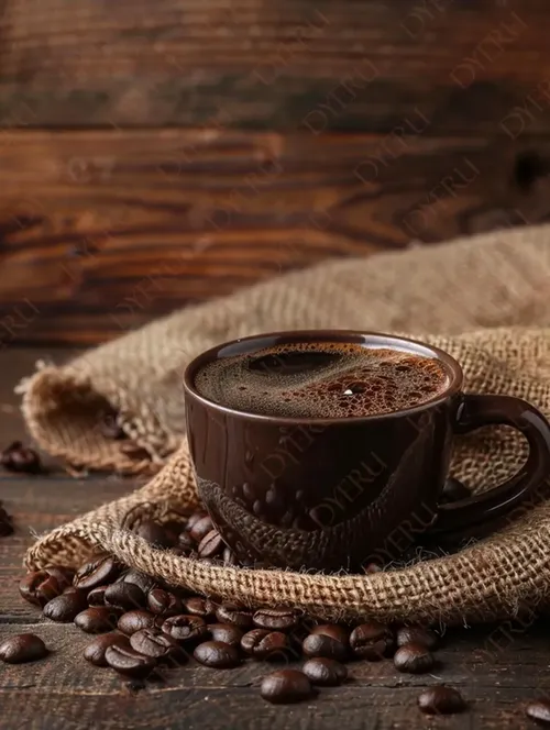 فنجان قهوة دافئ مع حبوب البن على خلفية خشبية rustic