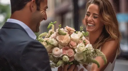 رجل يقدم باقة زهور لامرأة مبتسمة في يوم رومانسي مشمس